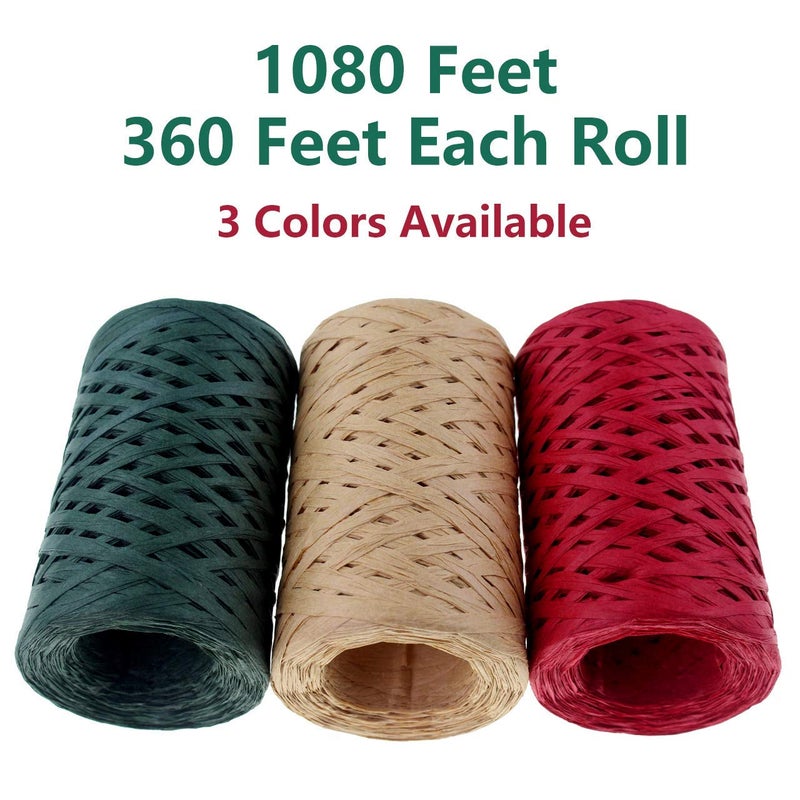 CREATRILL Raffia Ribbon Red Green Natural 3 Rolls 1080 Feet, 360 Feet Each Roll, Paper Twine Wrapping Ribbon for Christmas - Image 4